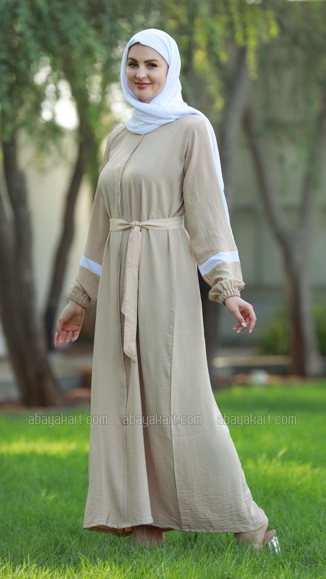 Wholesale CEY Modest Dress with OffWhite Band Work on the Sleeves and a Belt in Cream