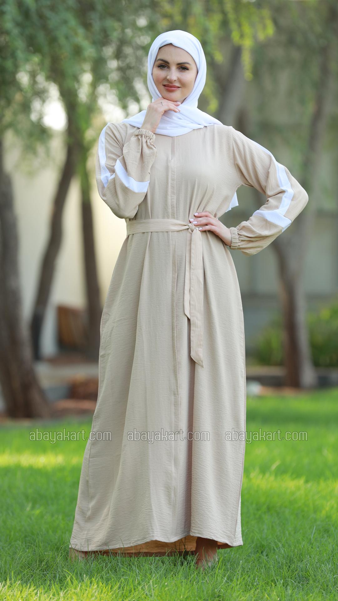 Wholesale CEY Modest Dress with OffWhite Band Work on the Sleeves and a Belt in Cream