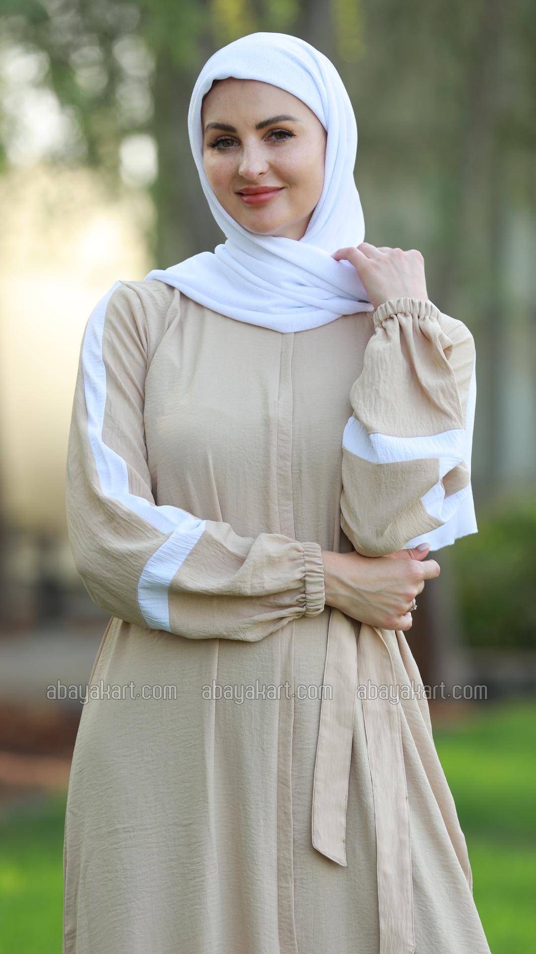 Wholesale CEY Modest Dress with OffWhite Band Work on the Sleeves and a Belt in Cream