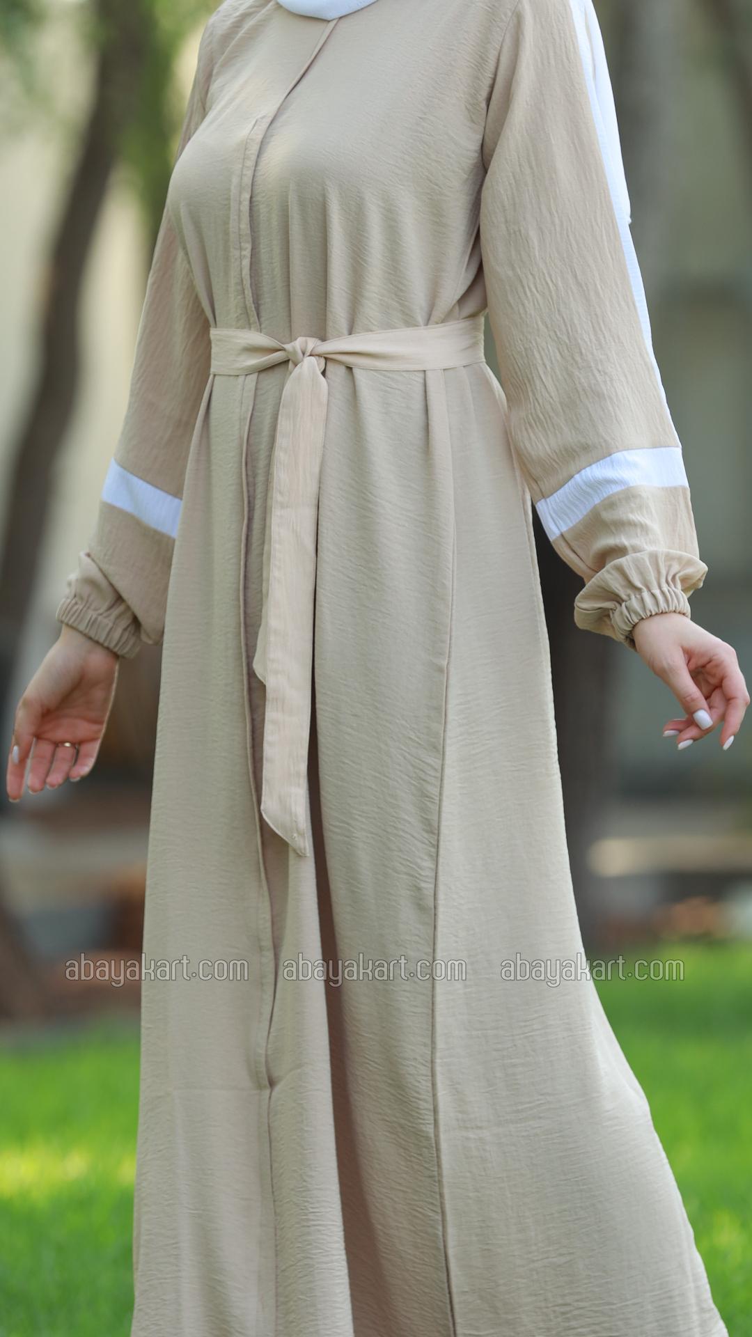 Wholesale CEY Modest Dress with OffWhite Band Work on the Sleeves and a Belt in Cream