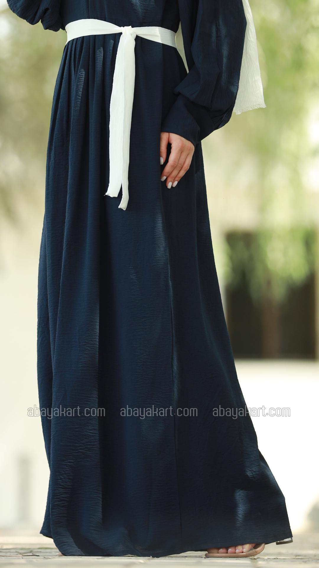 Wholesale Modest Dress with Show Buttons on the Front and a Belt in Navy Blue