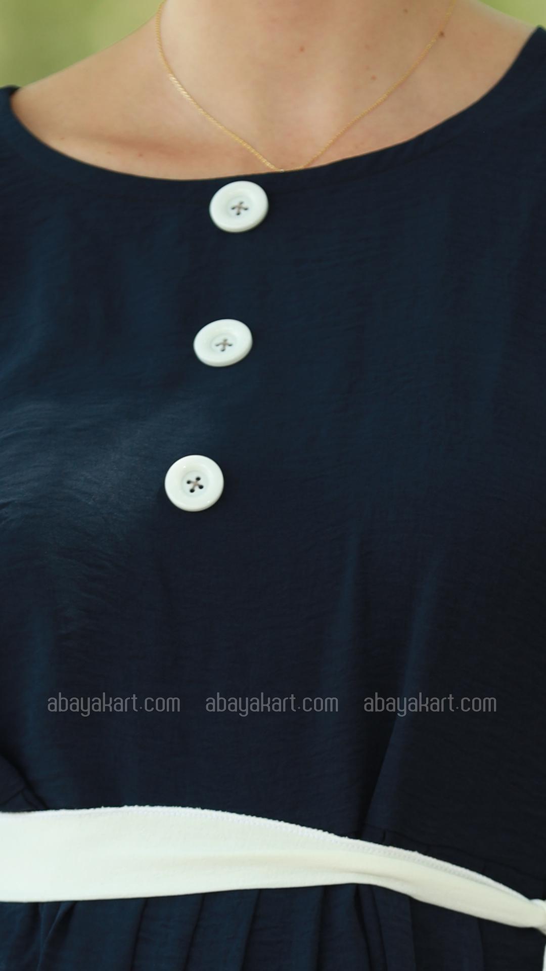 Wholesale Modest Dress with Show Buttons on the Front and a Belt in Navy Blue