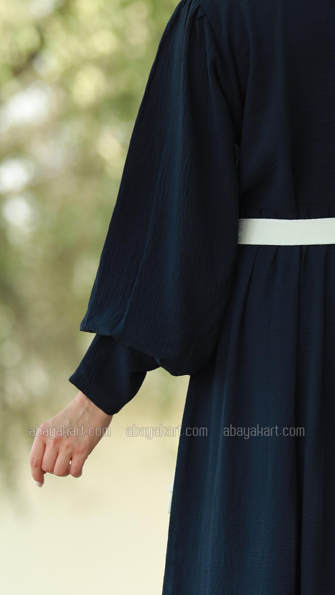 Wholesale Modest Dress with Show Buttons on the Front and a Belt in Navy Blue
