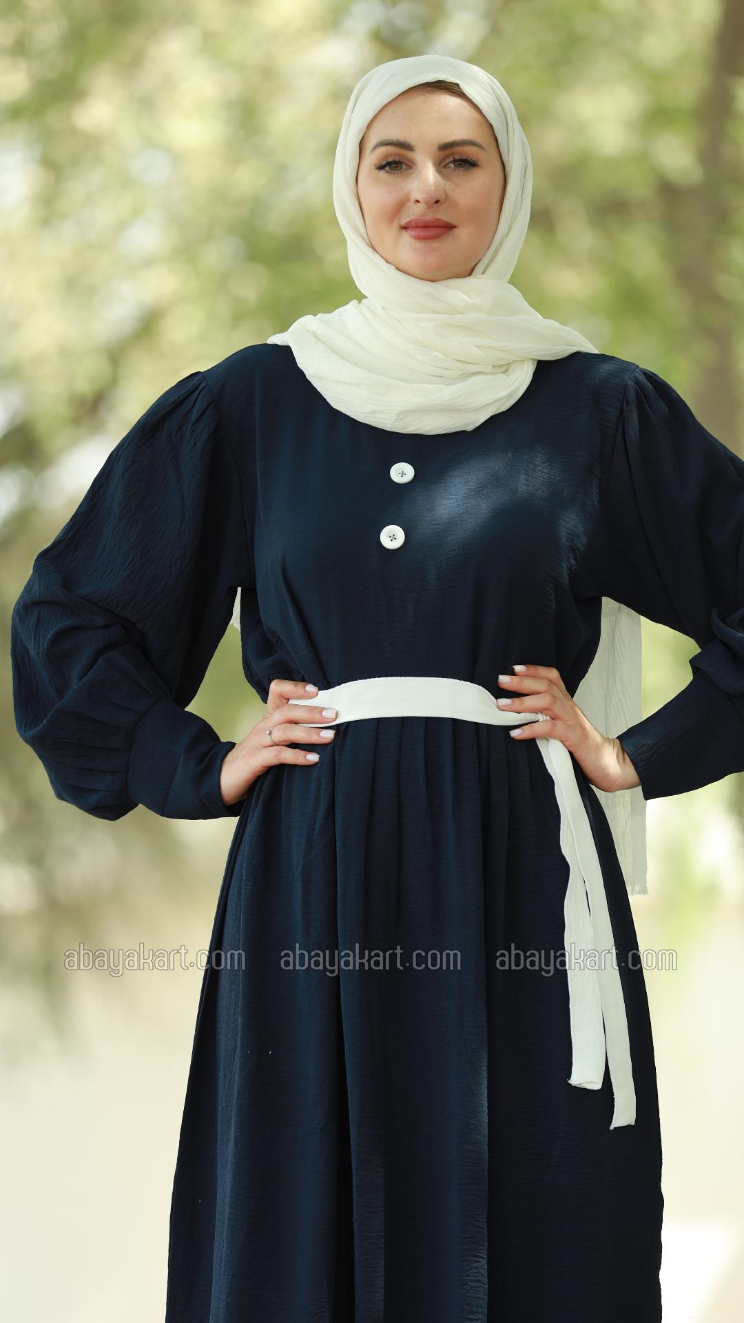 Wholesale Modest Dress with Show Buttons on the Front and a Belt in Navy Blue
