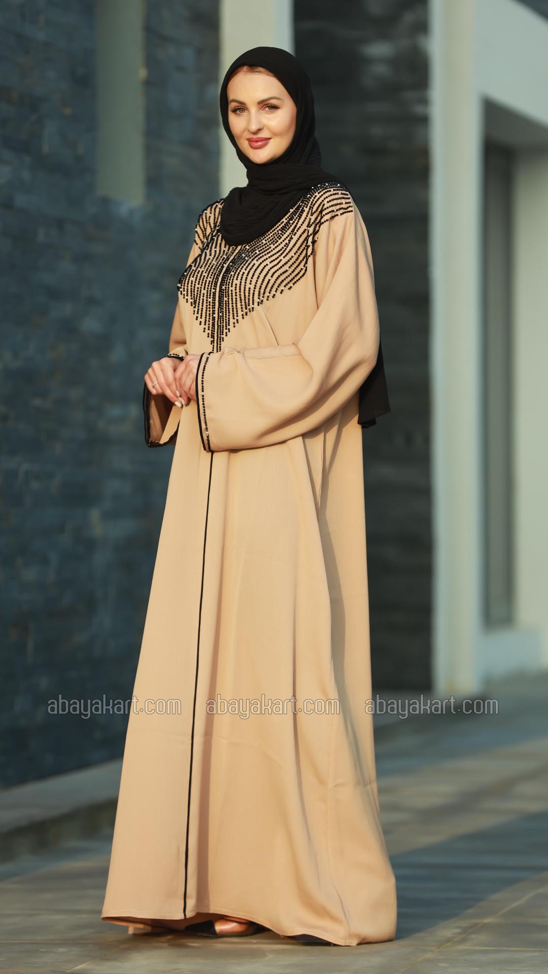 Wholesale Beige Gulf Zoom Abaya with Crystal Handwork and Piping on the Front and Sleeves