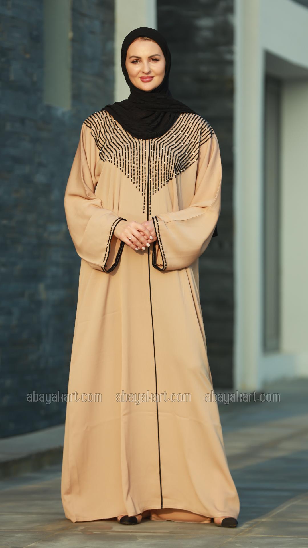 Wholesale Beige Gulf Zoom Abaya with Crystal Handwork and Piping on the Front and Sleeves