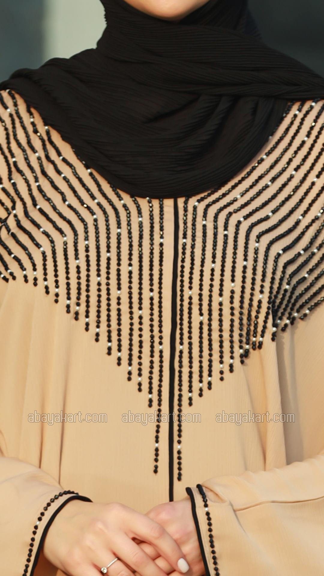 Wholesale Beige Gulf Zoom Abaya with Crystal Handwork and Piping on the Front and Sleeves