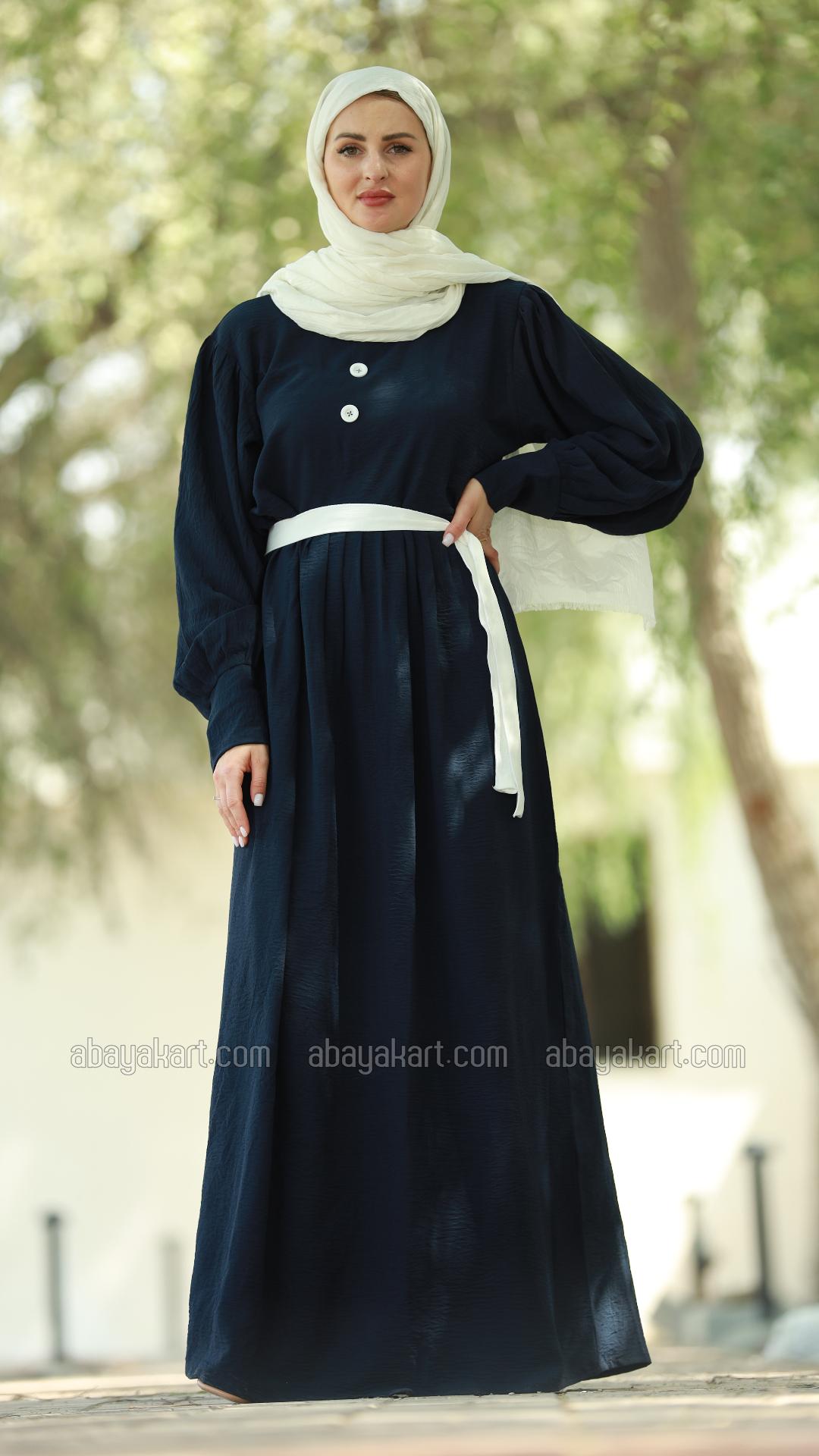 Wholesale Modest Dress with Show Buttons on the Front and a Belt in Navy Blue