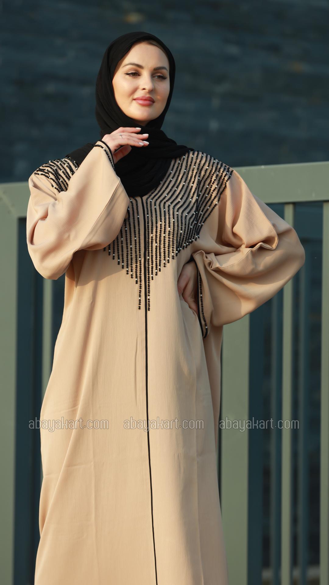 Wholesale Beige Gulf Zoom Abaya with Crystal Handwork and Piping on the Front and Sleeves