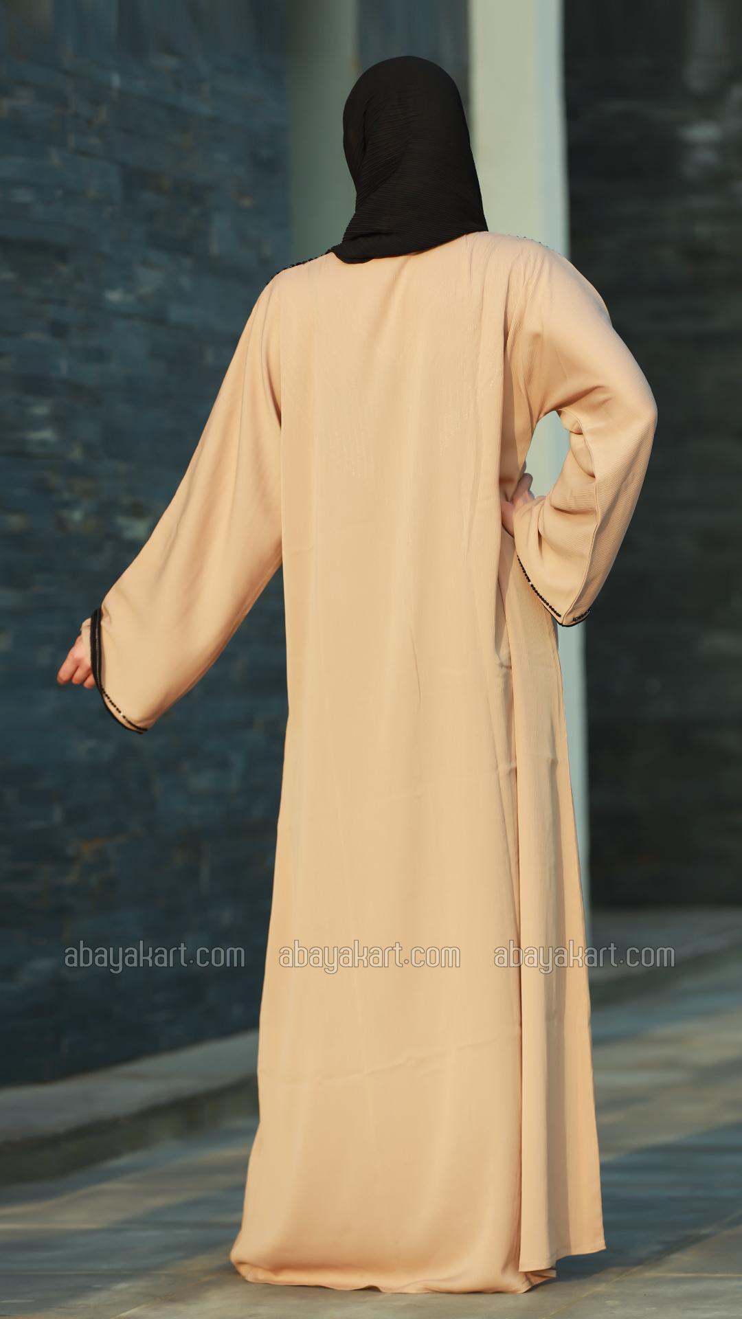 Wholesale Beige Gulf Zoom Abaya with Crystal Handwork and Piping on the Front and Sleeves
