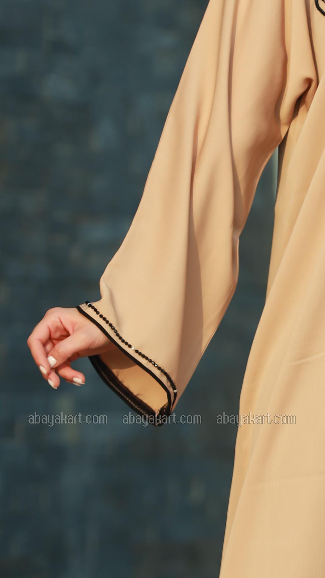 Wholesale Beige Gulf Zoom Abaya with Crystal Handwork and Piping on the Front and Sleeves