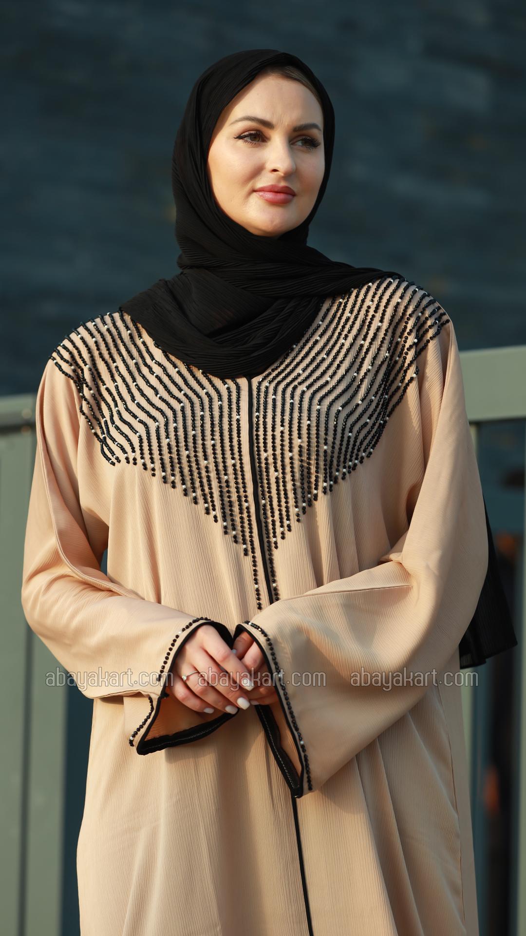 Wholesale Beige Gulf Zoom Abaya with Crystal Handwork and Piping on the Front and Sleeves