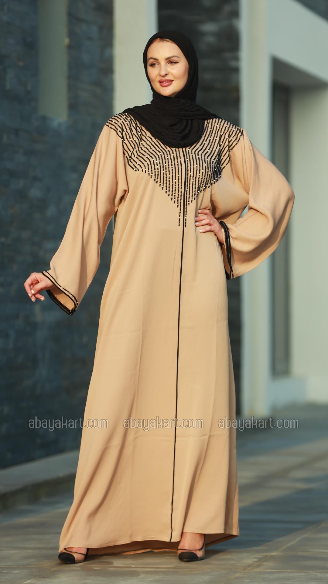 Wholesale Beige Gulf Zoom Abaya with Crystal Handwork and Piping on the Front and Sleeves