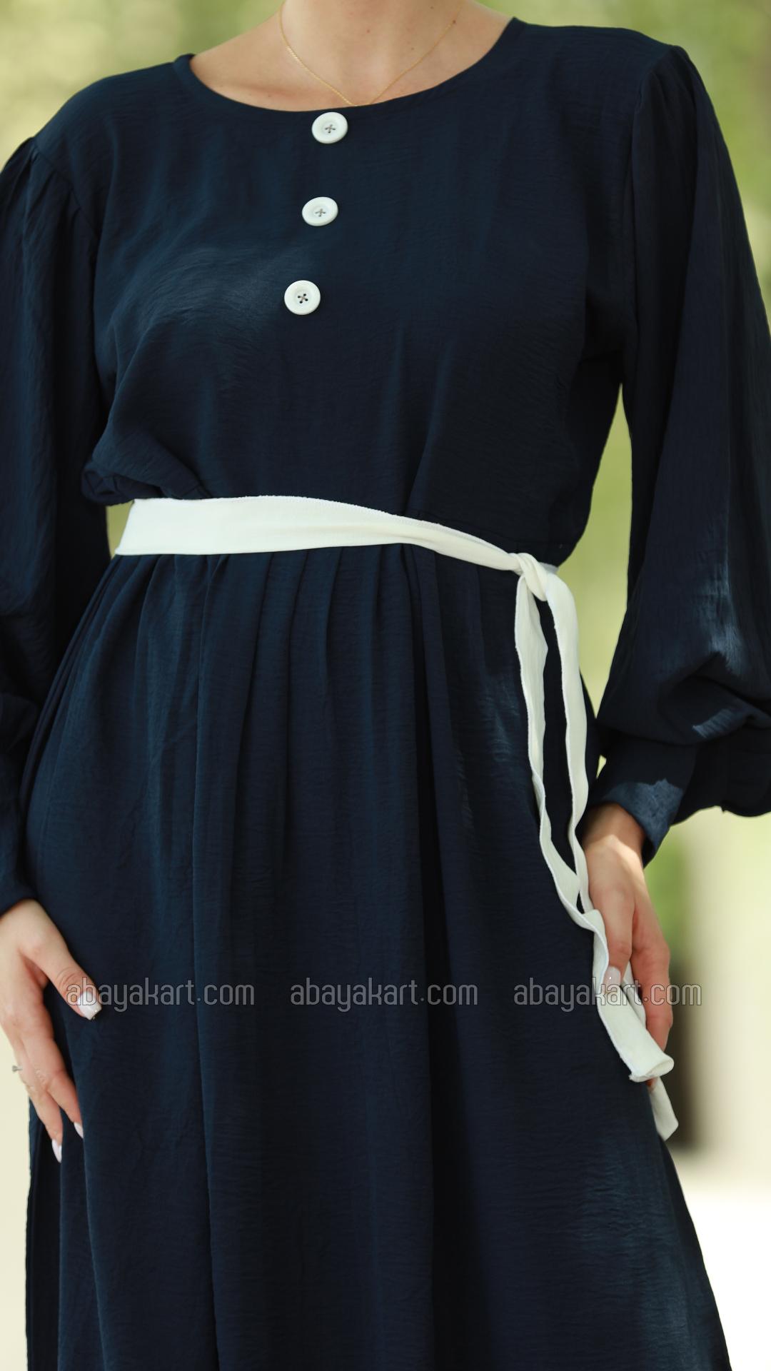 Wholesale Modest Dress with Show Buttons on the Front and a Belt in Navy Blue