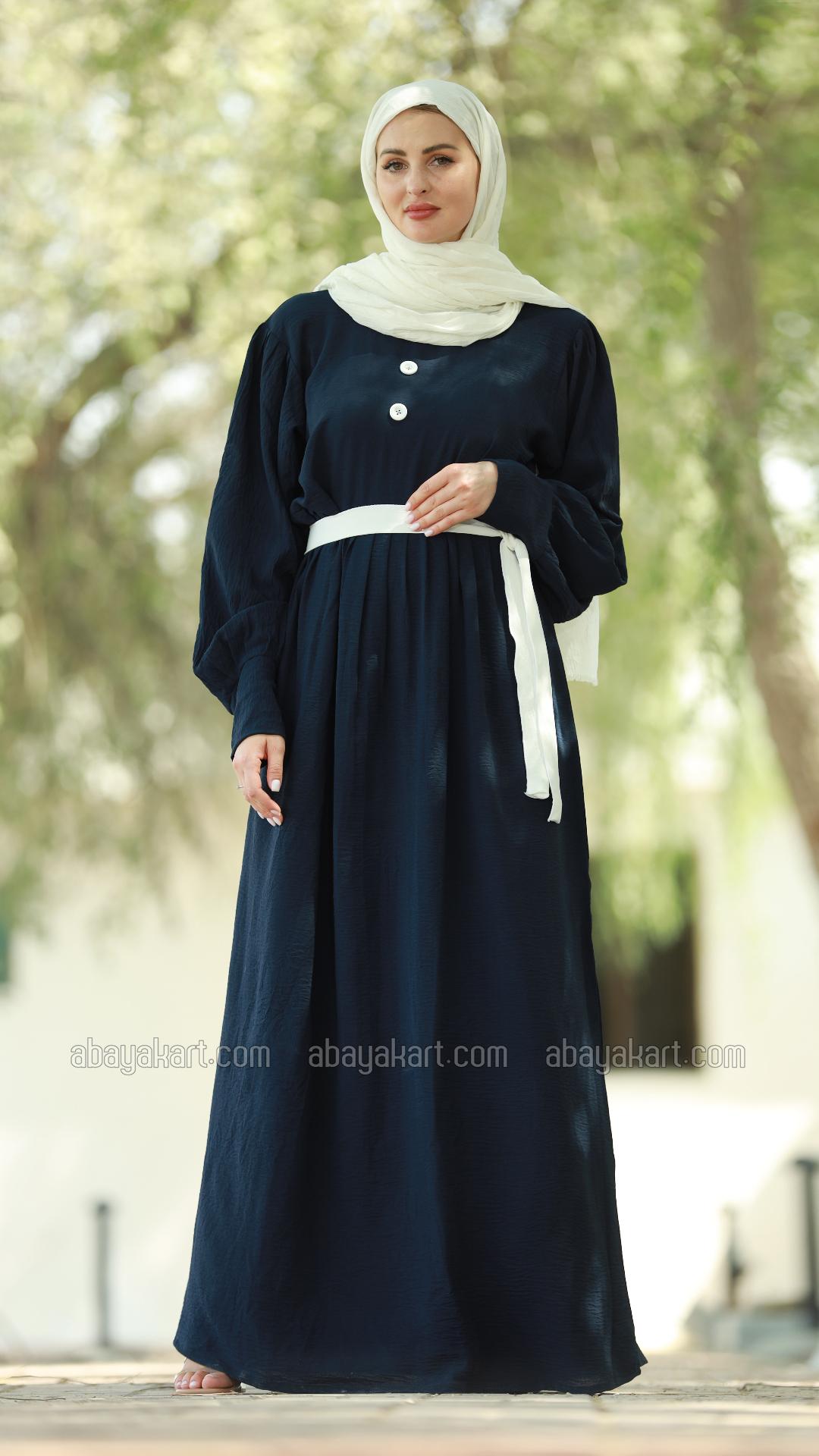Wholesale Modest Dress with Show Buttons on the Front and a Belt in Navy Blue
