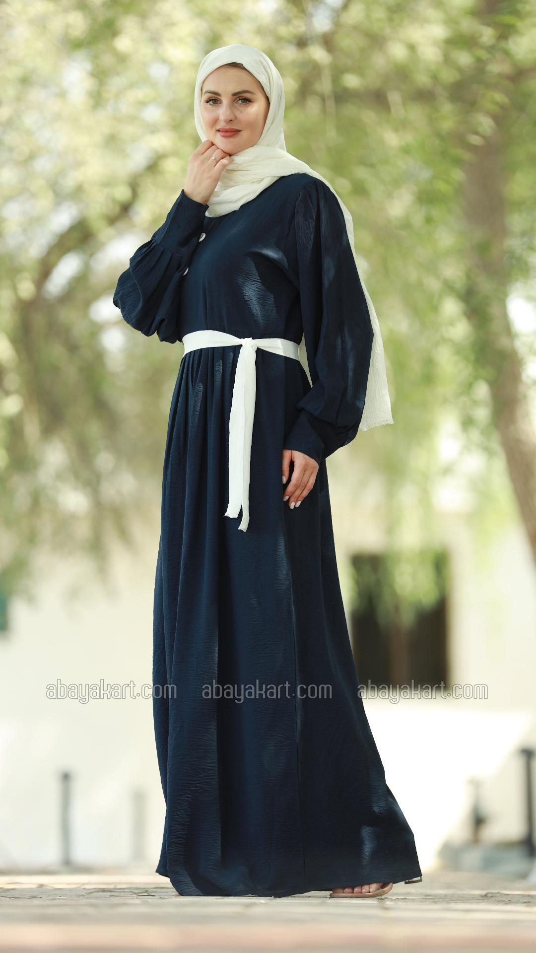 Wholesale Modest Dress with Show Buttons on the Front and a Belt in Navy Blue