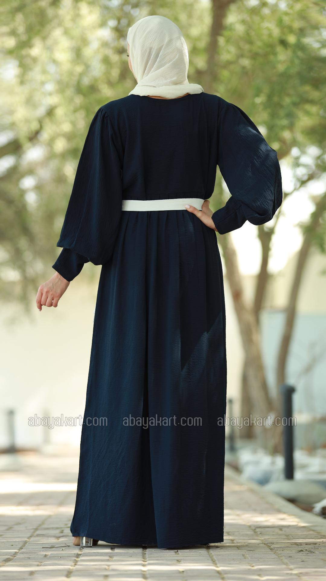 Wholesale Modest Dress with Show Buttons on the Front and a Belt in Navy Blue