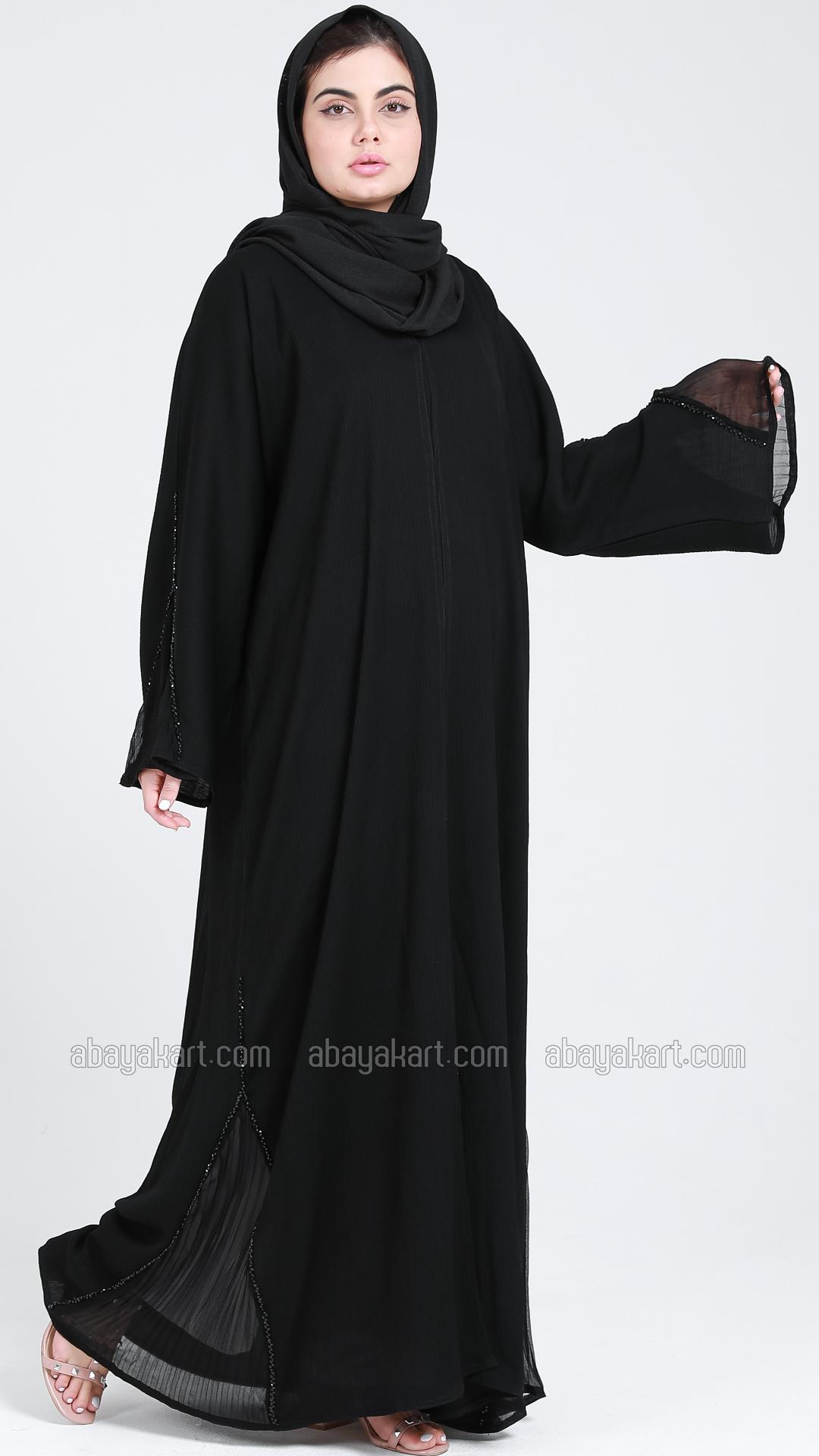 Wholesale Front Open  Zoom Abaya With Crystal Handwork On Sleeve And Side In Black