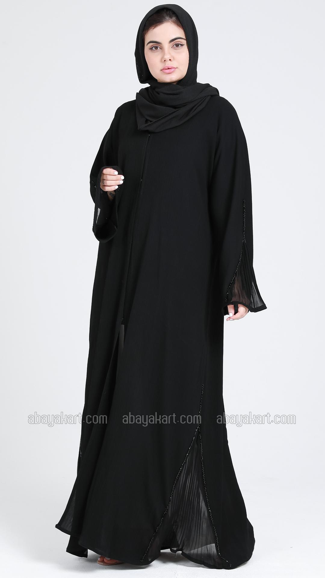 Wholesale Front Open  Zoom Abaya With Crystal Handwork On Sleeve And Side In Black