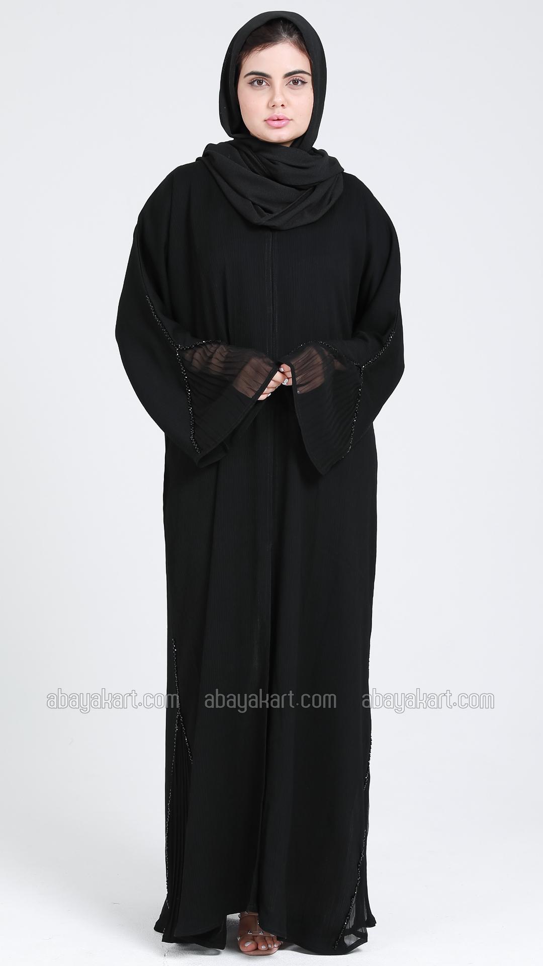 Wholesale Front Open  Zoom Abaya With Crystal Handwork On Sleeve And Side In Black
