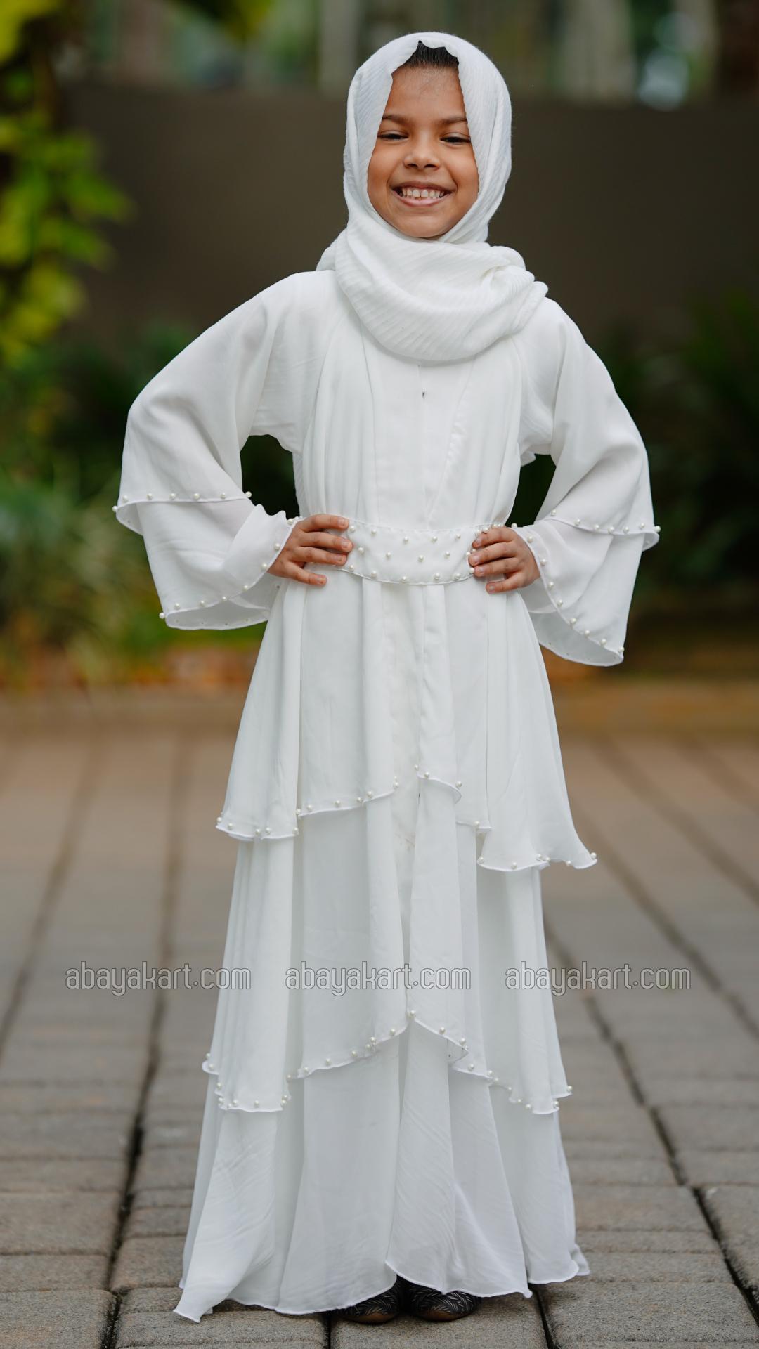 Wholesale Kids Front Open Layered Modest Dress With Pearl Work On the Front With a Belt In White