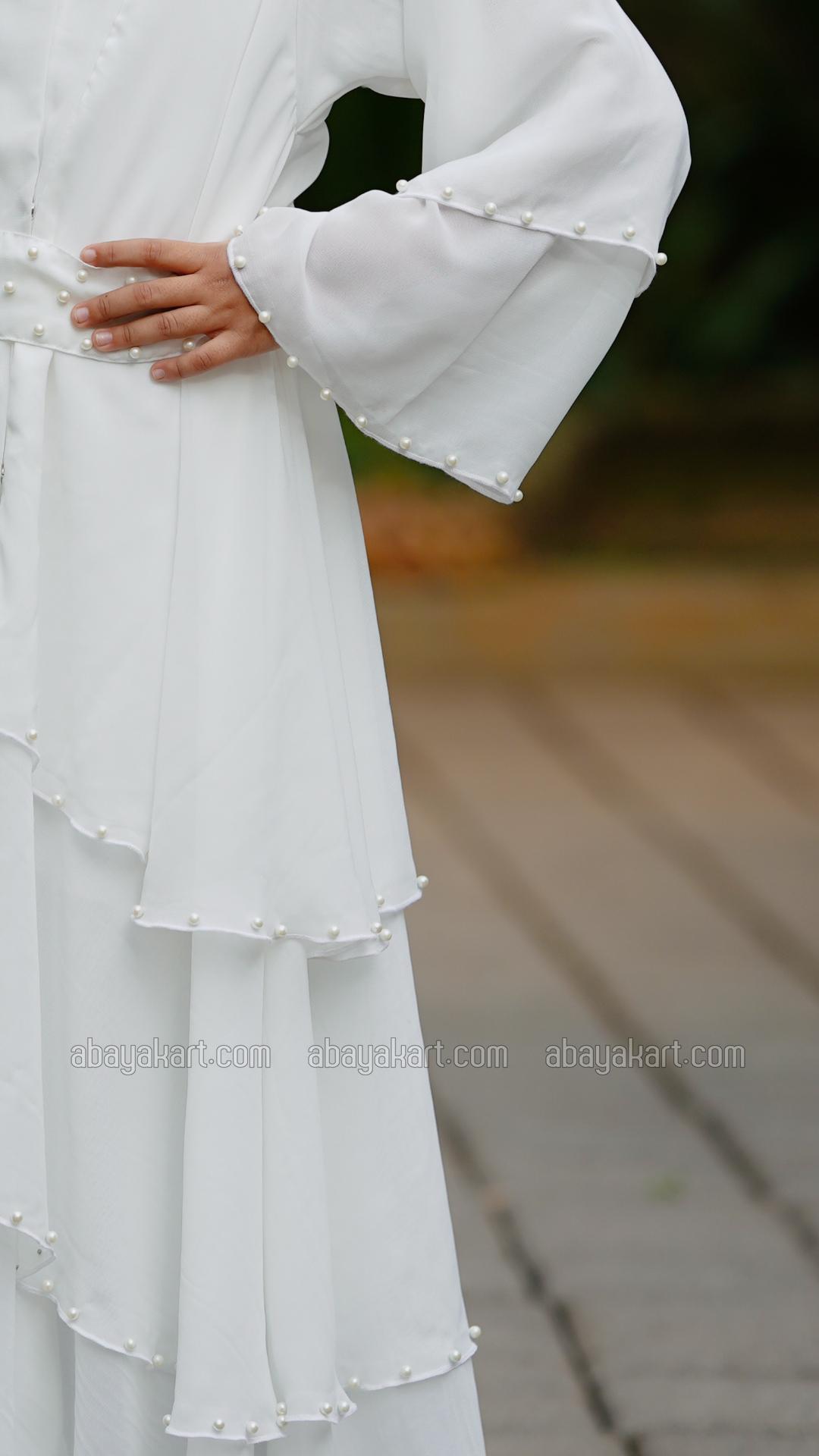 Wholesale Kids Front Open Layered Modest Dress With Pearl Work On the Front With a Belt In White