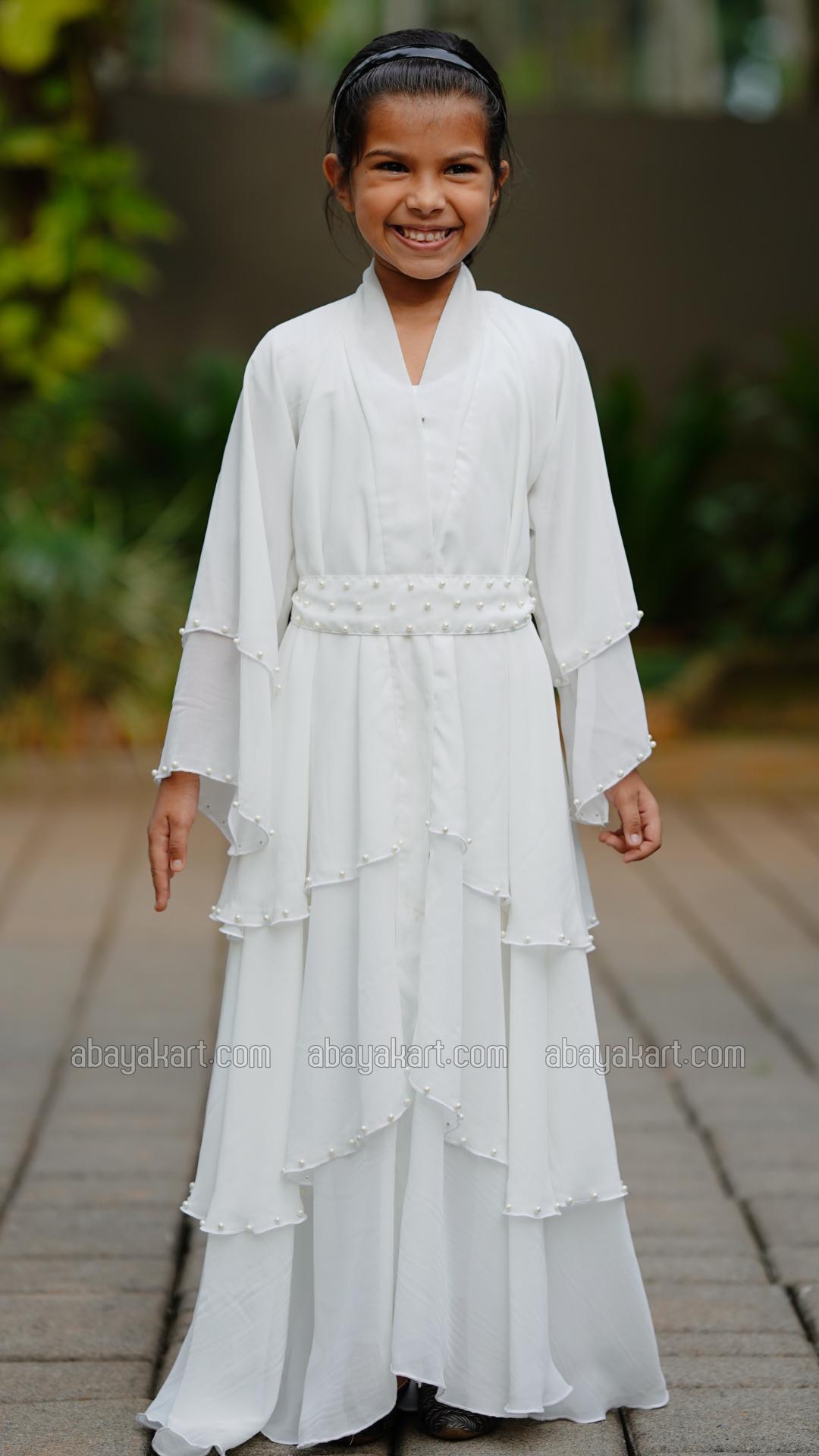 Wholesale Kids Front Open Layered Modest Dress With Pearl Work On the Front With a Belt In White