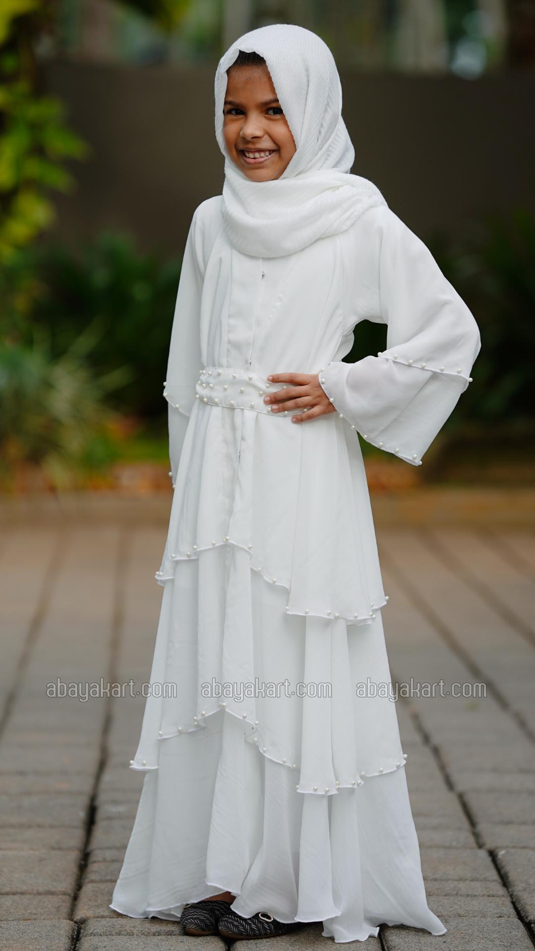 Wholesale Kids Front Open Layered Modest Dress With Pearl Work On the Front With a Belt In White