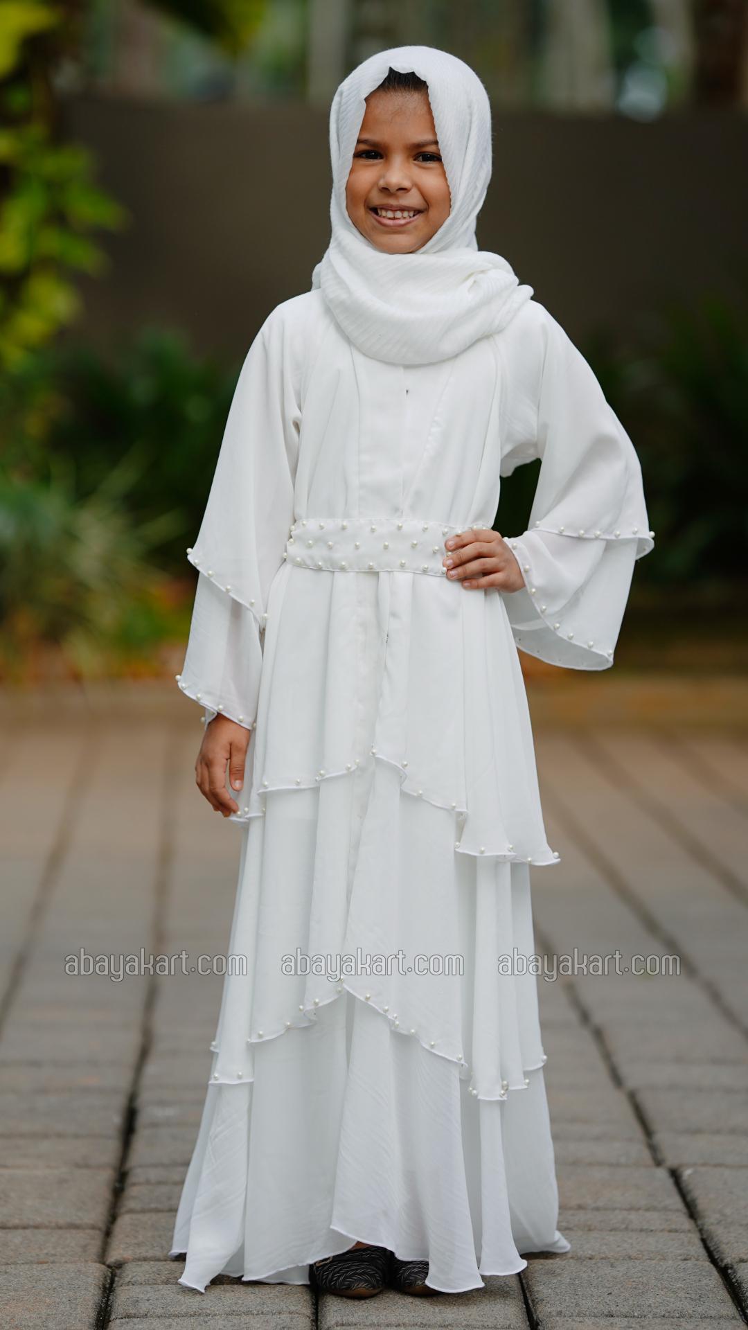 Wholesale Kids Front Open Layered Modest Dress With Pearl Work On the Front With a Belt In White