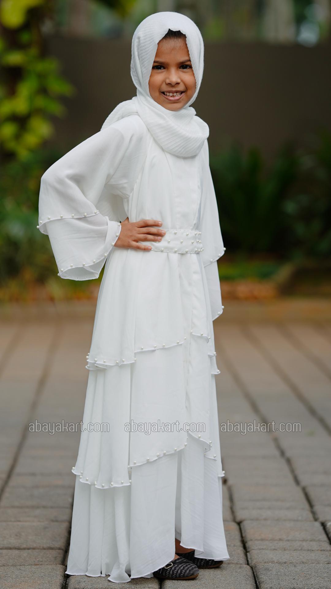 Wholesale Kids Front Open Layered Modest Dress With Pearl Work On the Front With a Belt In White