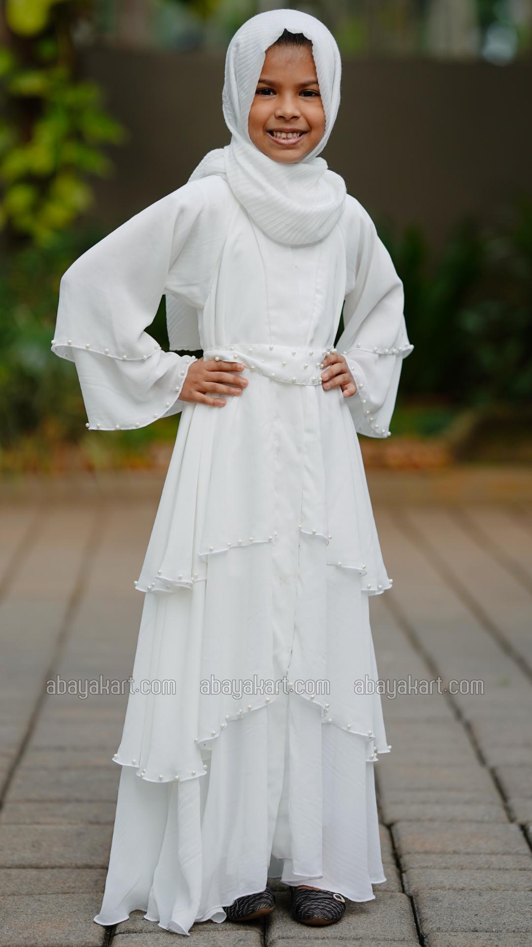 Wholesale Kids Front Open Layered Modest Dress With Pearl Work On the Front With a Belt In White