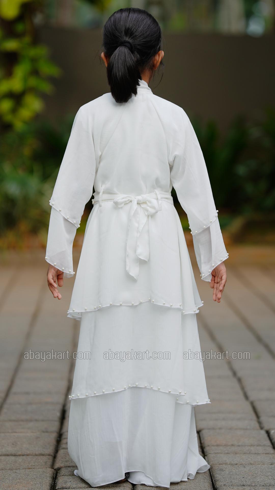 Wholesale Kids Front Open Layered Modest Dress With Pearl Work On the Front With a Belt In White