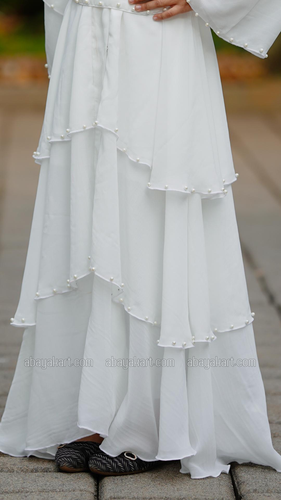 Wholesale Kids Front Open Layered Modest Dress With Pearl Work On the Front With a Belt In White
