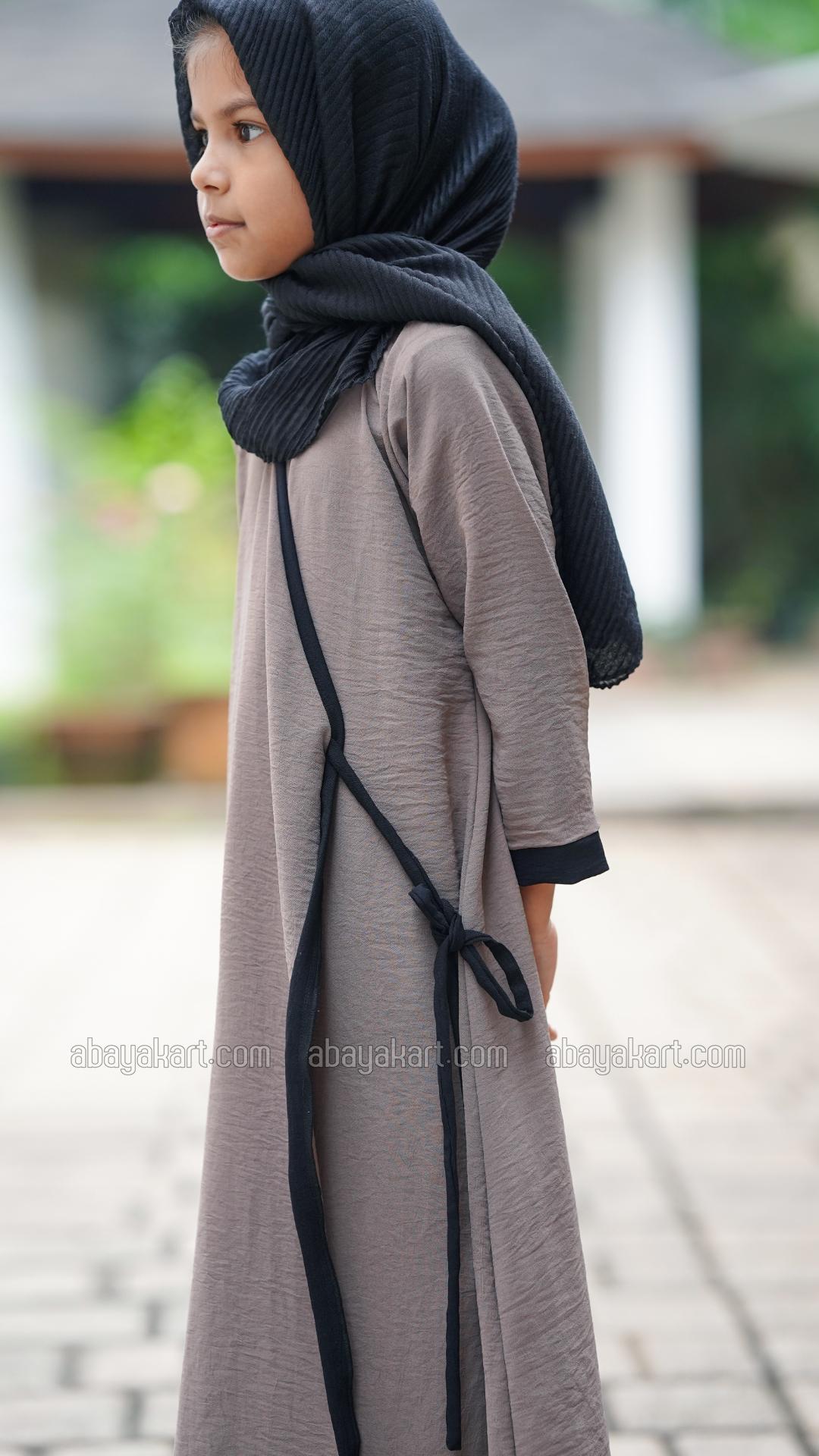 Wholesale Kids FrontOpen Modest Dress in Brown with Piping and a Black TieUp Band