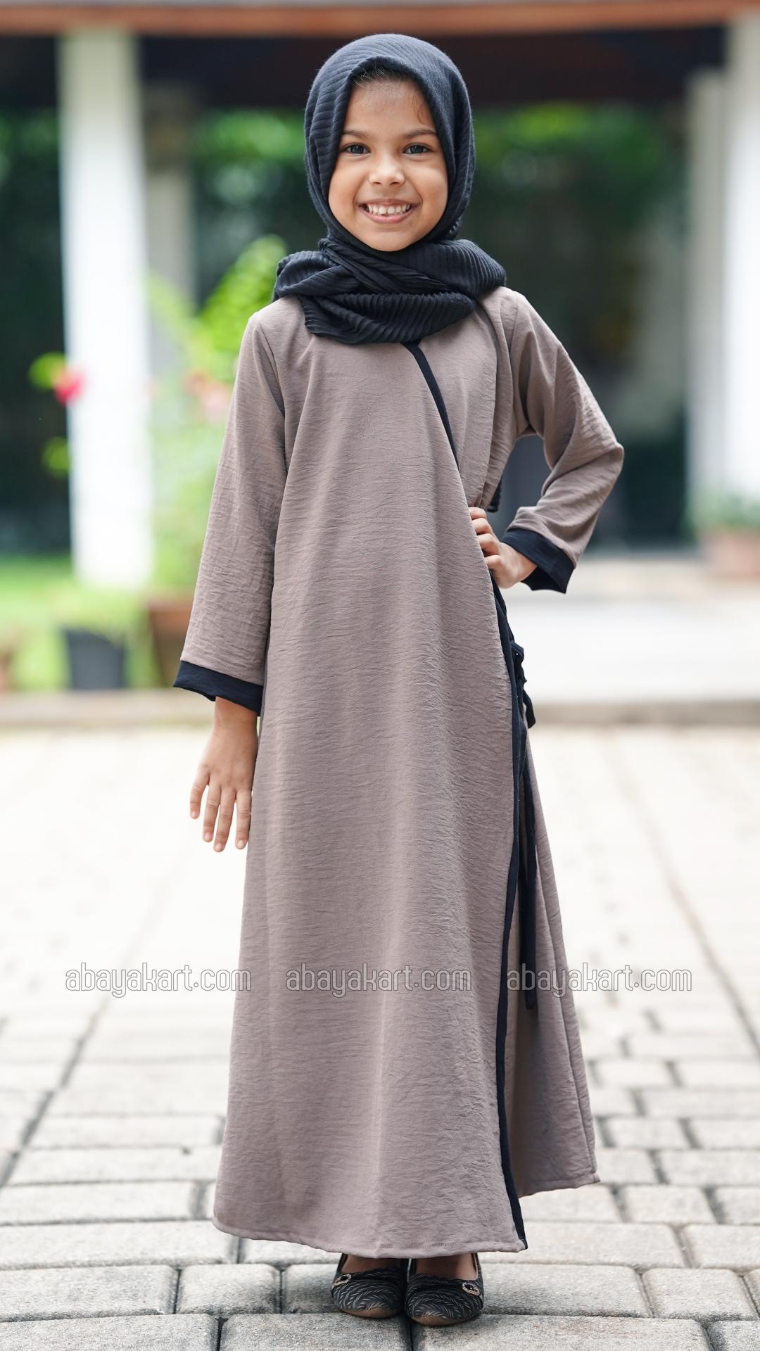 Wholesale Kids FrontOpen Modest Dress in Brown with Piping and a Black TieUp Band