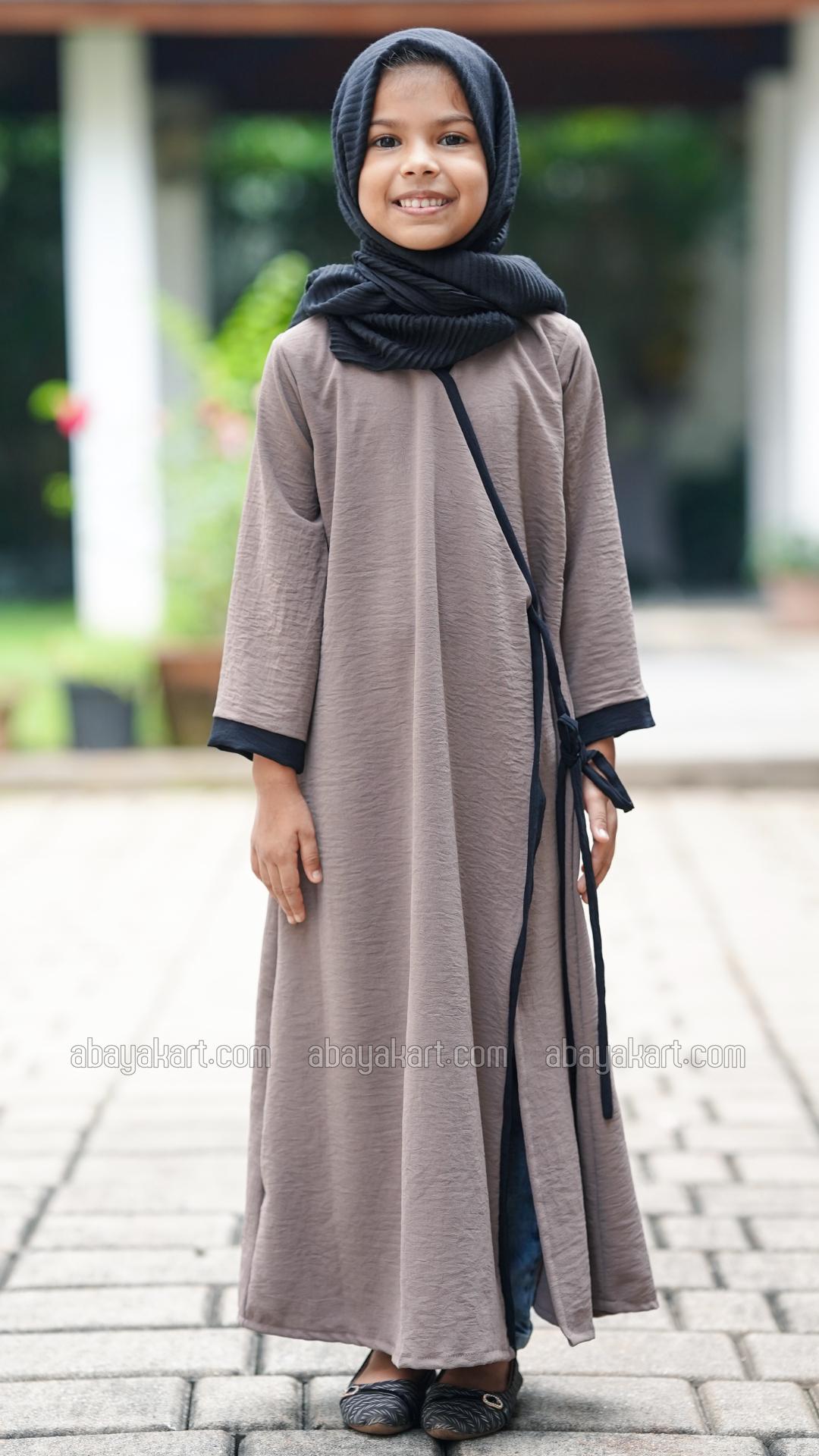 Wholesale Kids FrontOpen Modest Dress in Brown with Piping and a Black TieUp Band