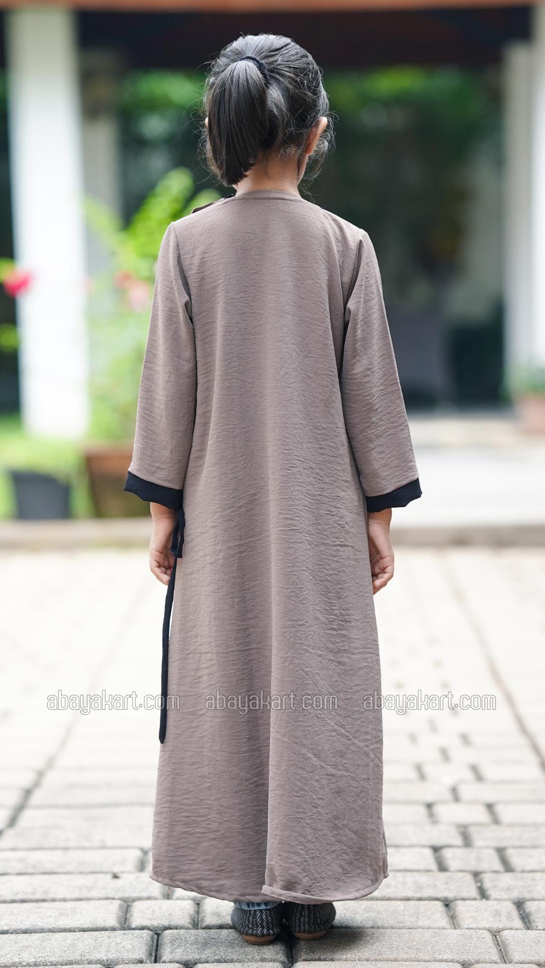 Wholesale Kids FrontOpen Modest Dress in Brown with Piping and a Black TieUp Band