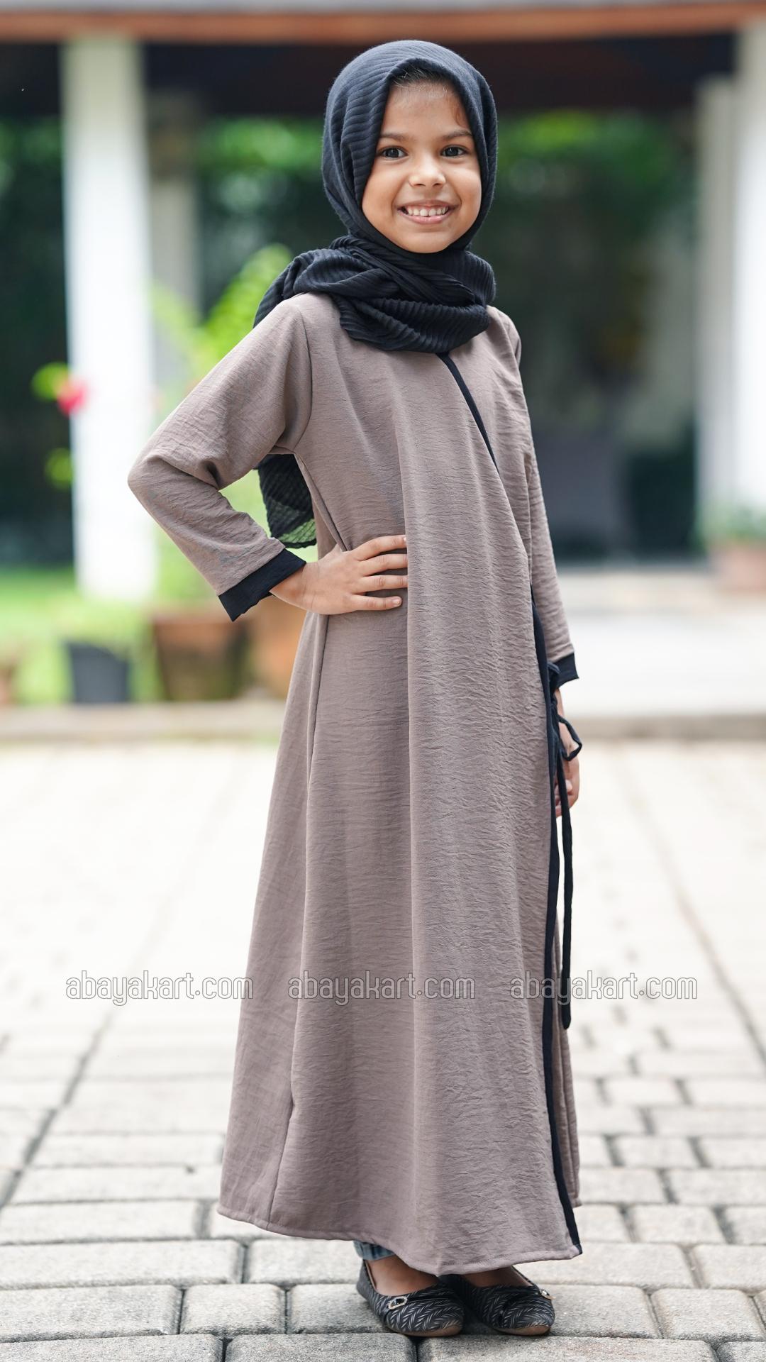 Wholesale Kids FrontOpen Modest Dress in Brown with Piping and a Black TieUp Band