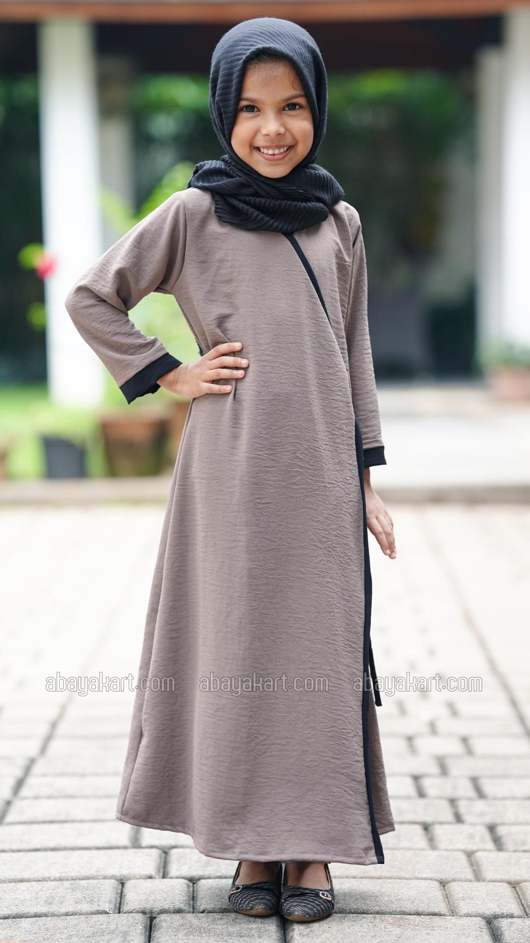 Wholesale Kids FrontOpen Modest Dress in Brown with Piping and a Black TieUp Band