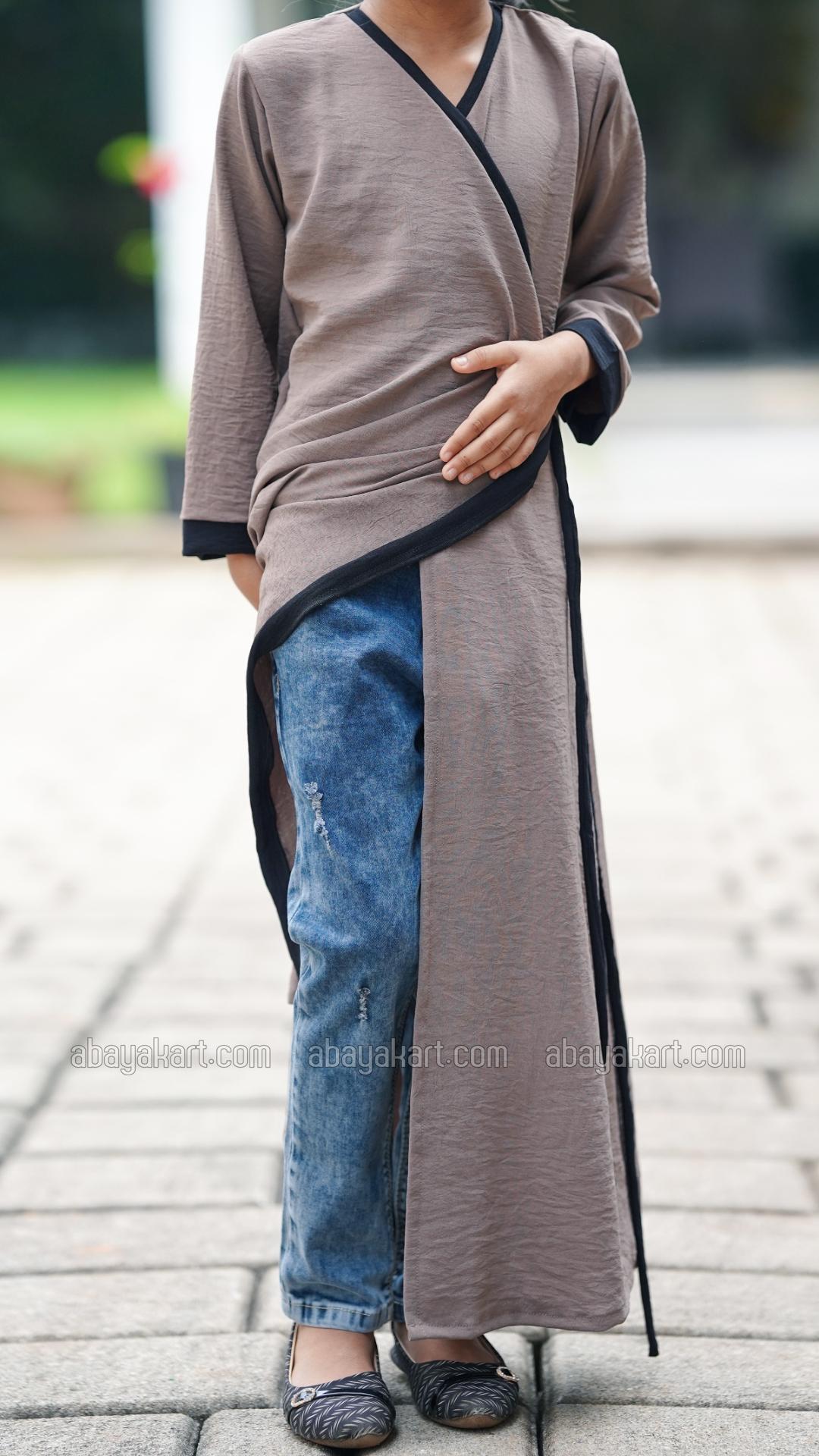 Wholesale Kids FrontOpen Modest Dress in Brown with Piping and a Black TieUp Band