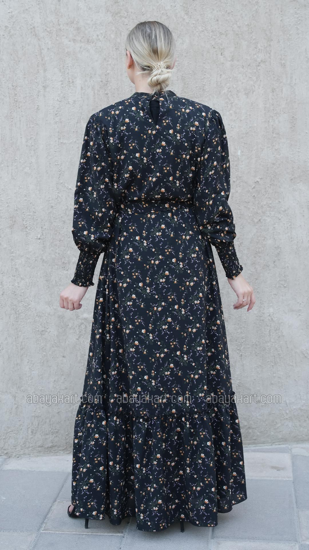 Wholesale Modest Dress with a Floral Print in Black