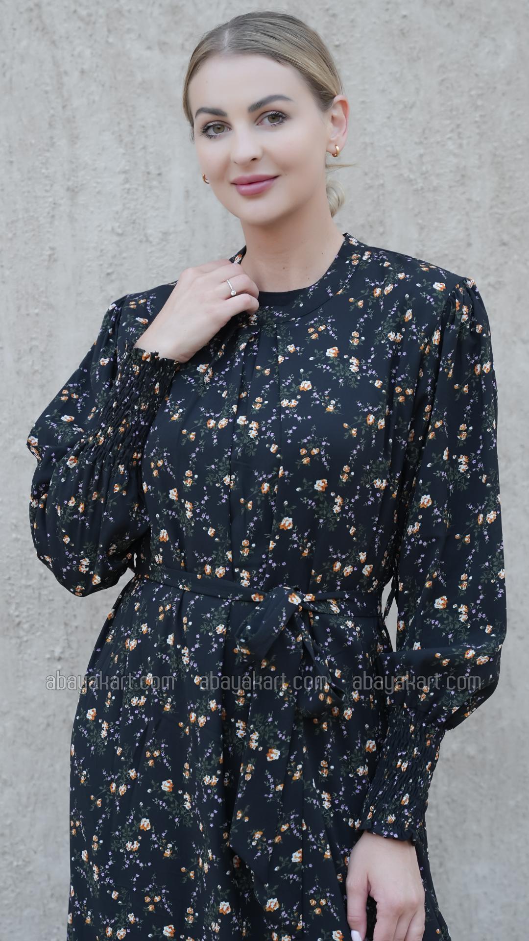 Wholesale Modest Dress with a Floral Print in Black