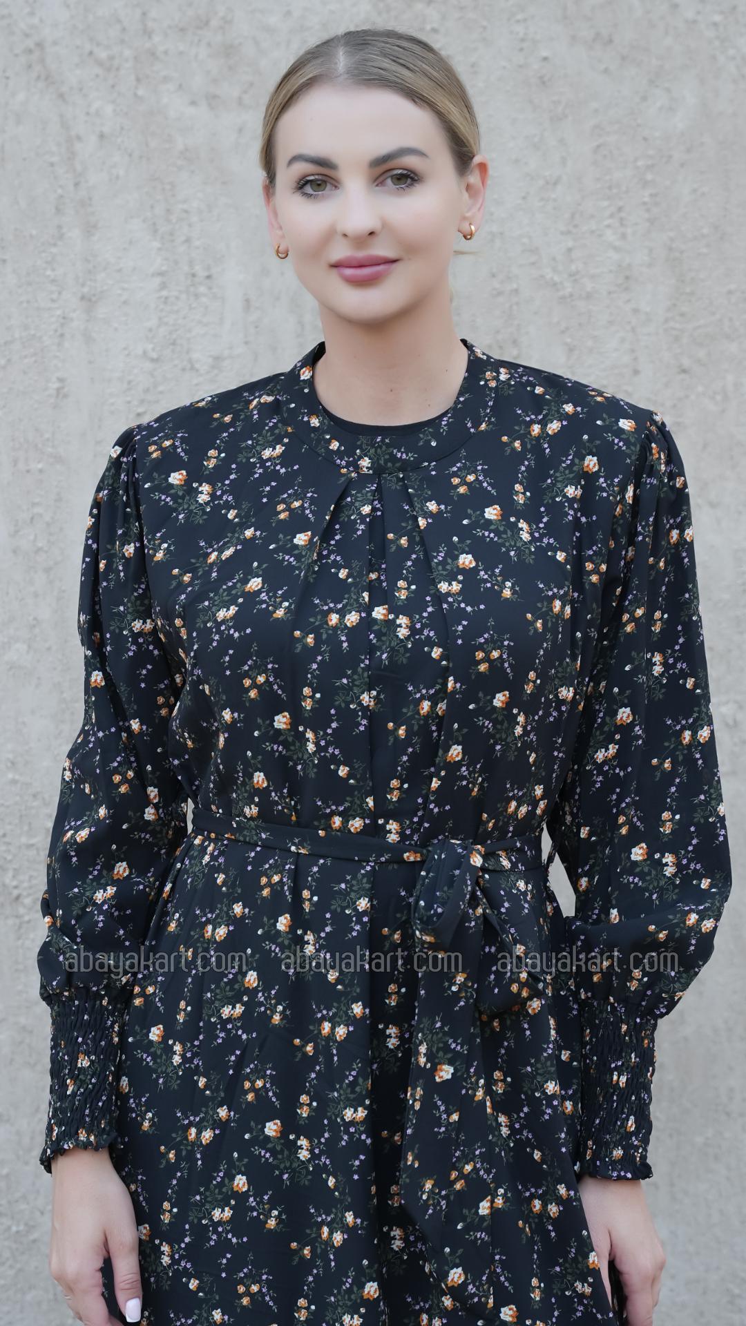 Wholesale Modest Dress with a Floral Print in Black