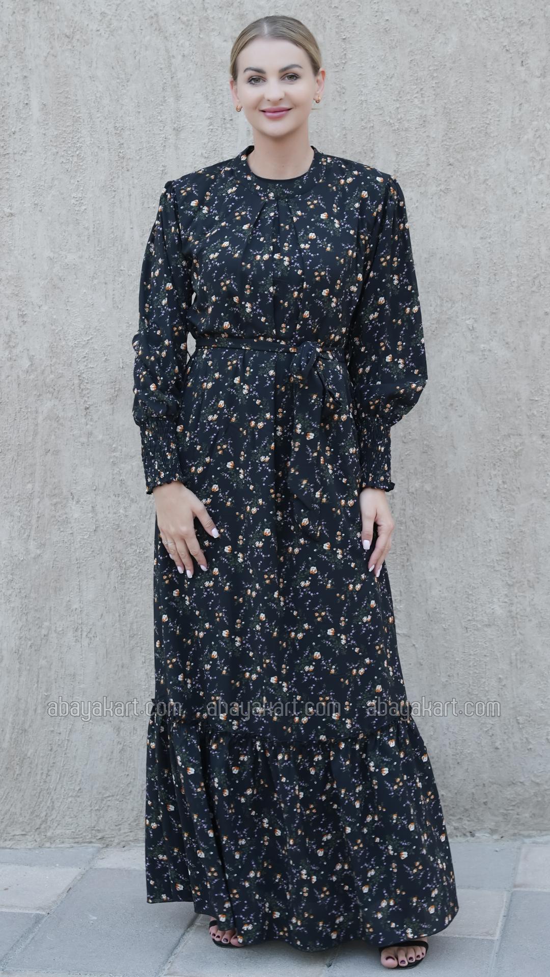 Wholesale Modest Dress with a Floral Print in Black
