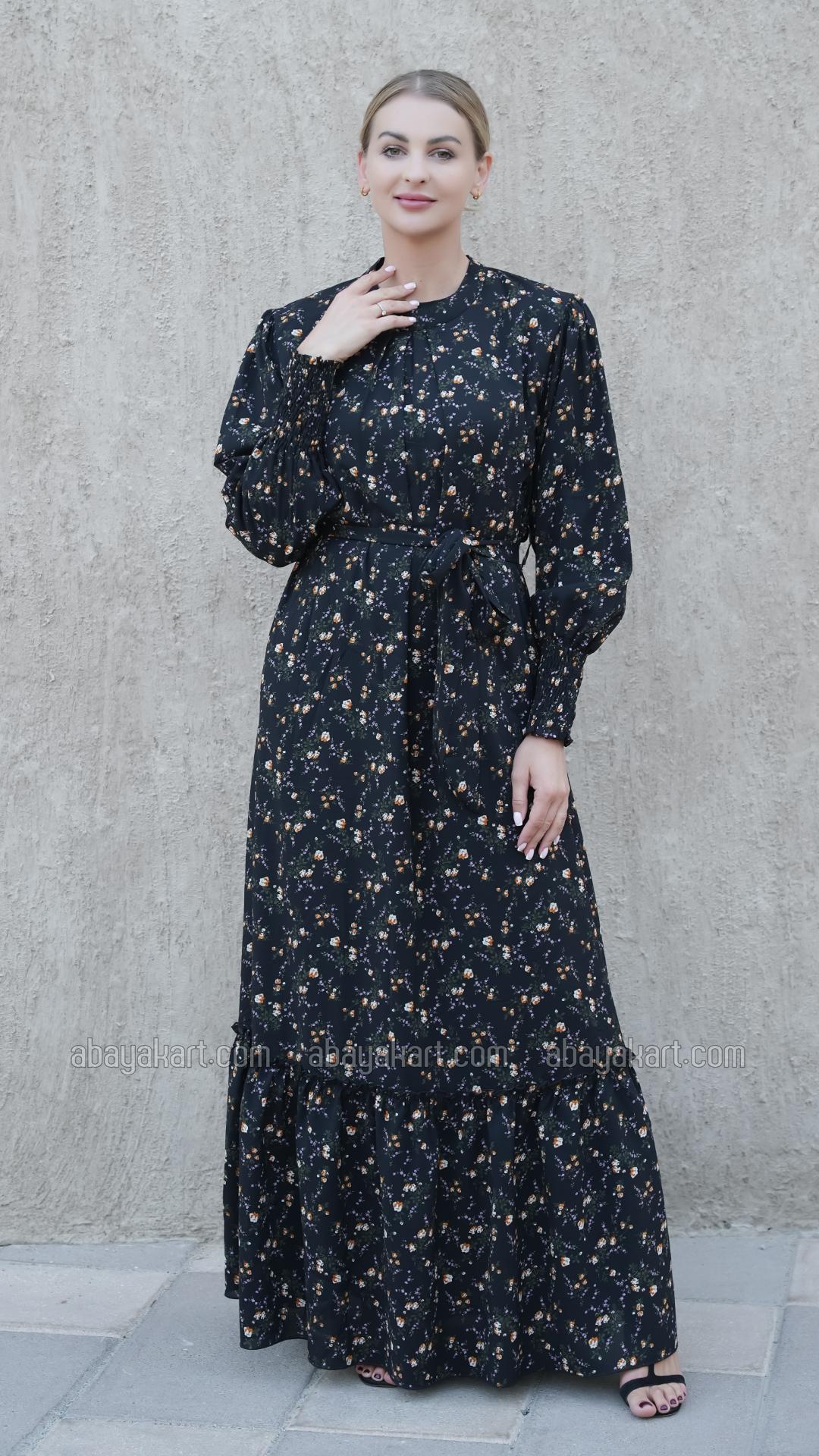 Wholesale Modest Dress with a Floral Print in Black