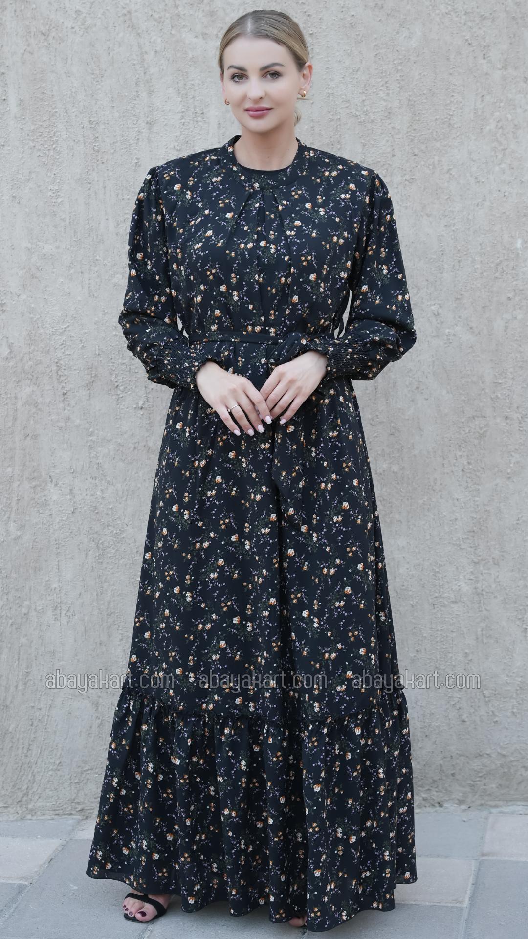 Wholesale Modest Dress with a Floral Print in Black
