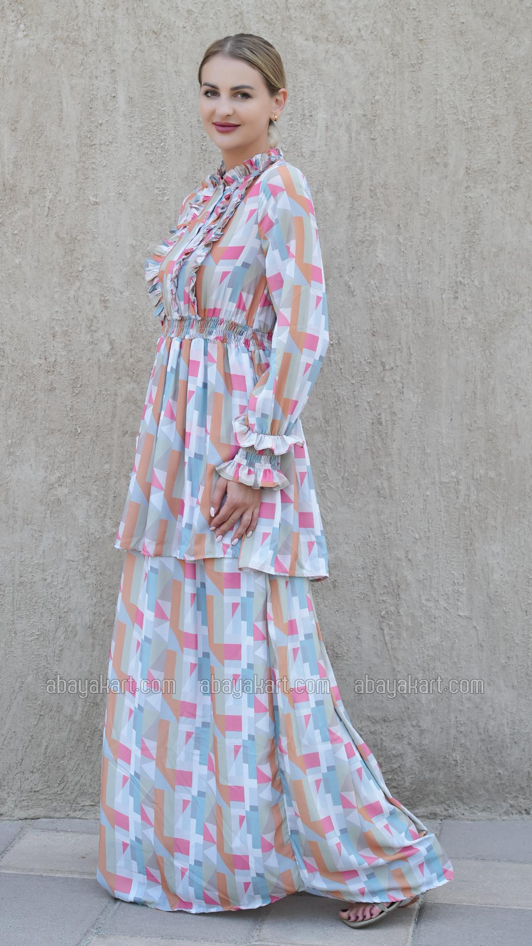 Wholesale Elegant Layered Modest Dress with Mosaic Print