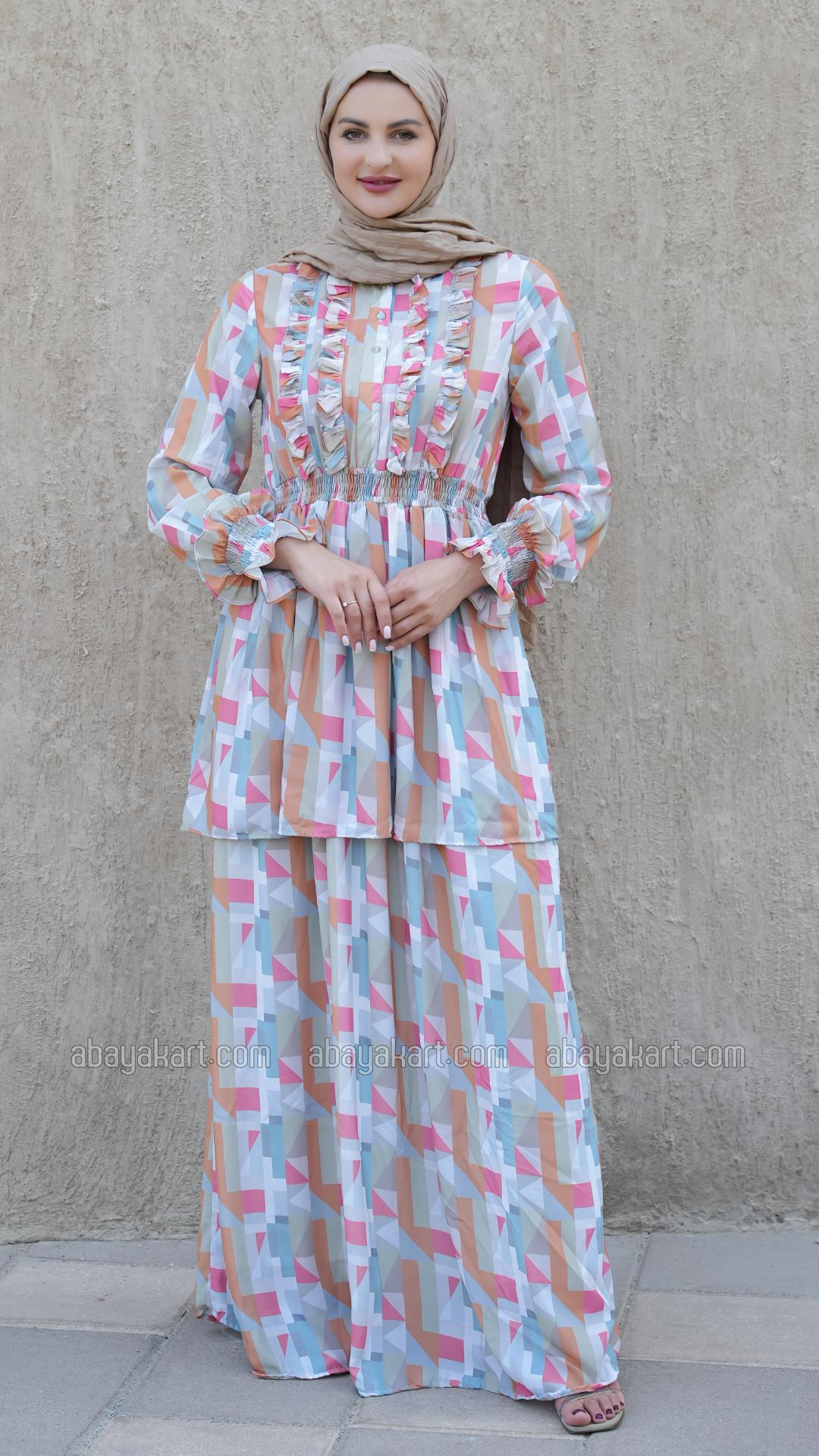 Wholesale Elegant Layered Modest Dress with Mosaic Print
