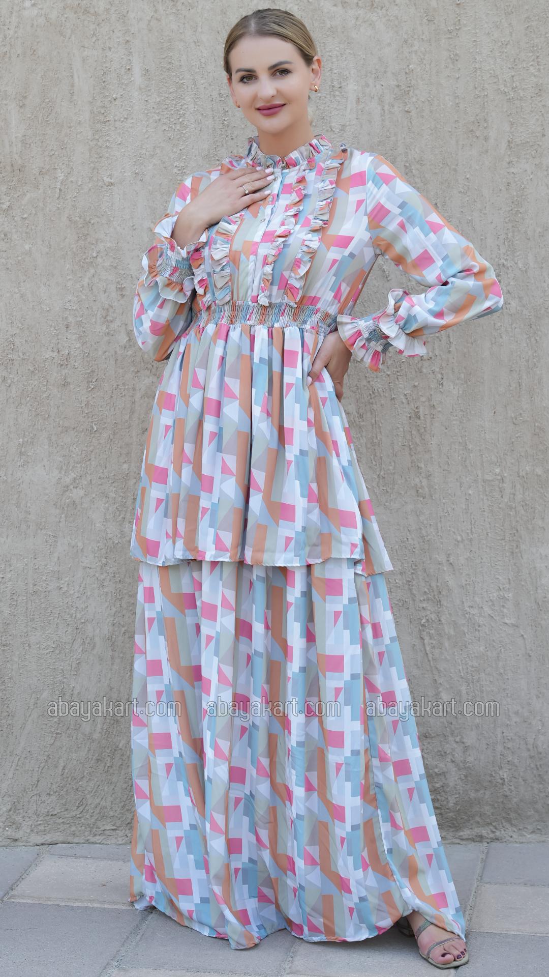 Wholesale Elegant Layered Modest Dress with Mosaic Print