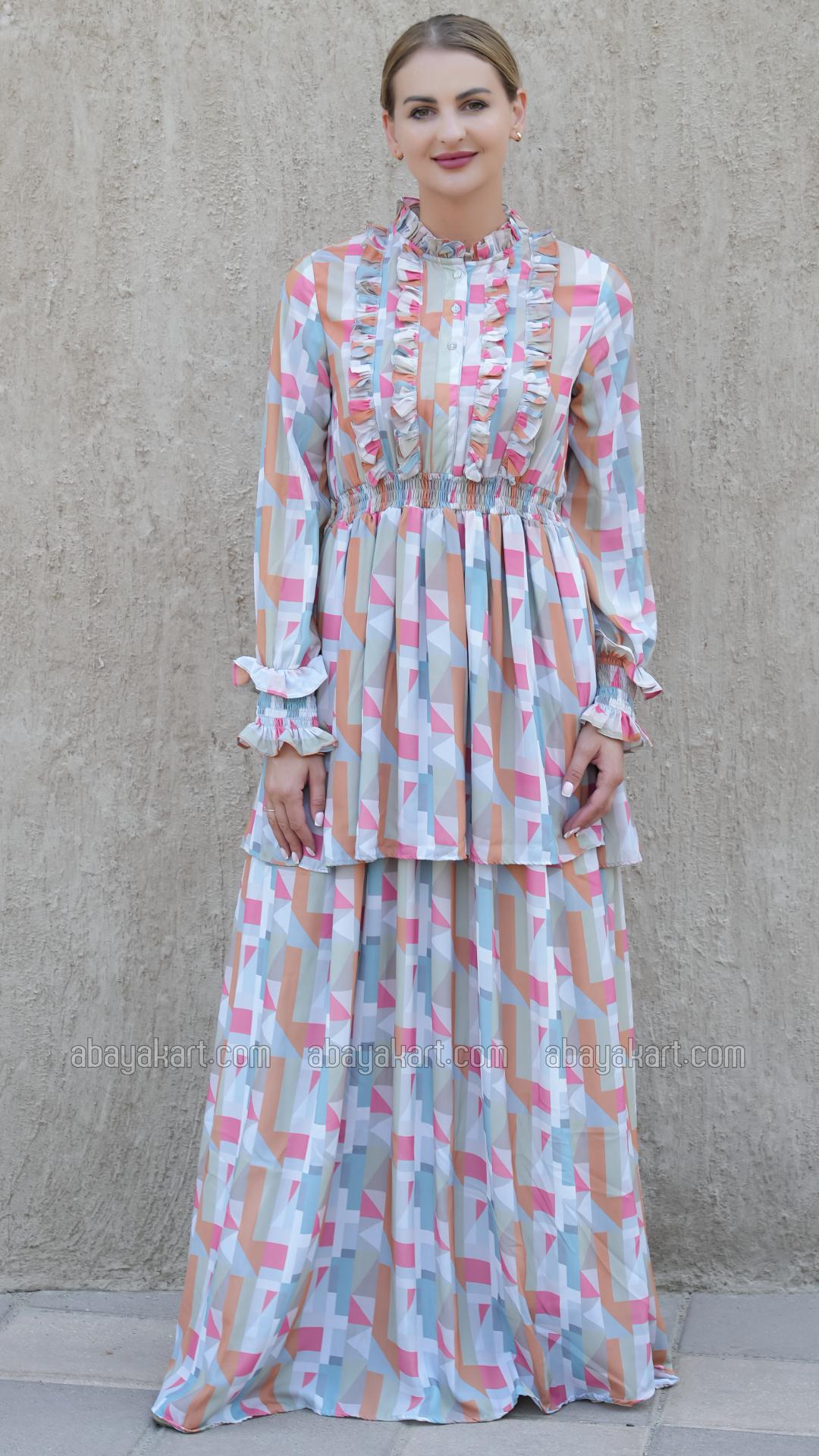 Wholesale Elegant Layered Modest Dress with Mosaic Print